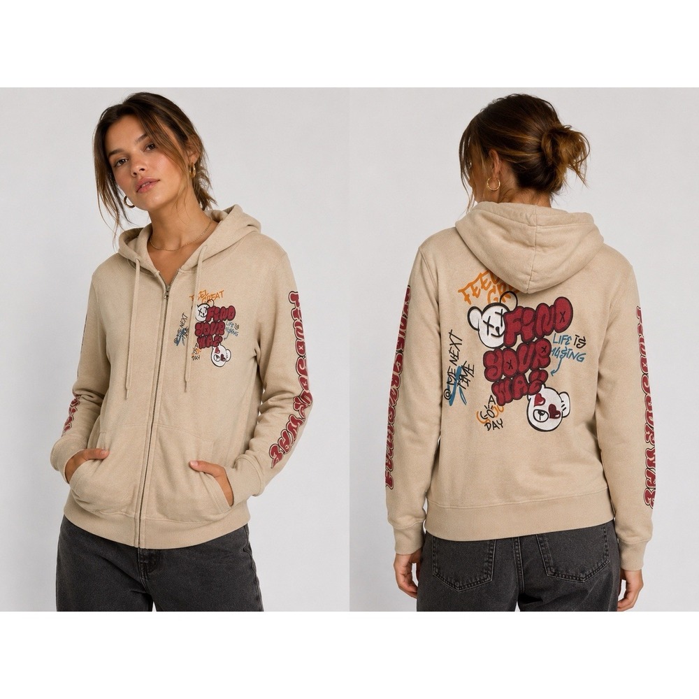 On Fire Womens Small Zip Hoodie Fear Love Bear Graphic Beige Fleece Y2K Street